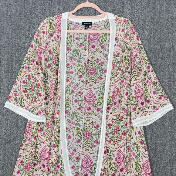 Torrid Kimono 00 Womens M/L Pink Floral Sheer Chiffon Cottagecore Boho Duster - Picture 2 of 11